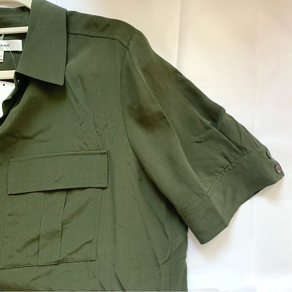 FRAME Silk Short Sleeve Flap Pocket Button Up Shirt Blouse Military Green LG - Picture 12 of 16